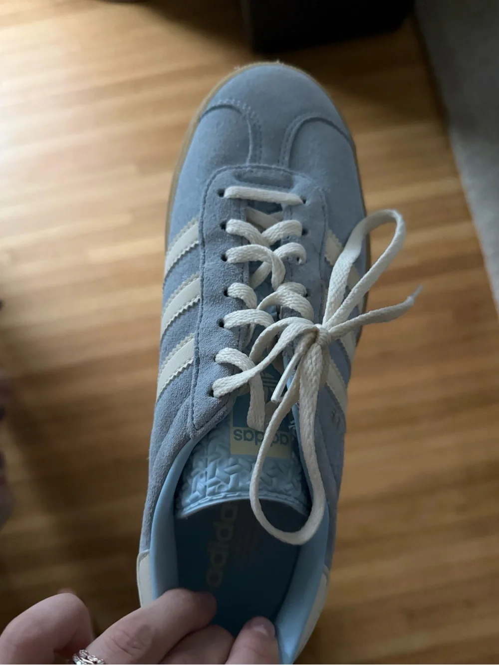 adidas Women’s Light Blue Suede Sneakers with Cream Stripes and Gum Sole